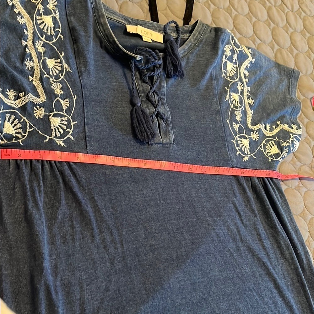 Boho Embroidered Denim Tassel Mini Dress Blue Embellished Tunic by LOFT Small - Picture 8 of 10